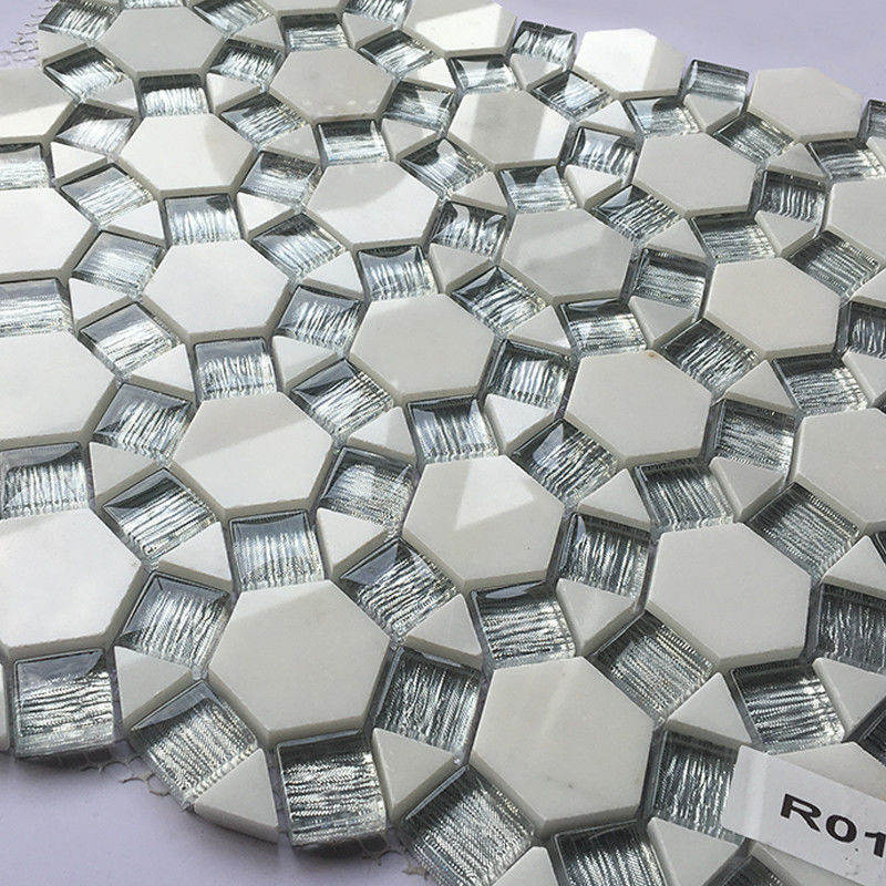 Wall Backsplash Beveled Glass Mosaic Tiles White Marble Mixed 300 X 300